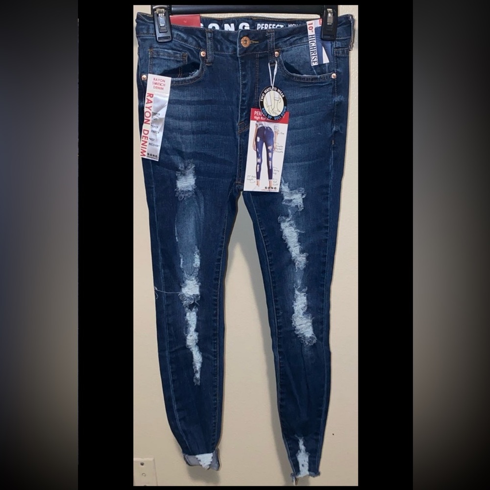 S.O.N.G. Denim Perfect 10” High Rise Skinny Ankle Distressed Stretch Denim Jeans